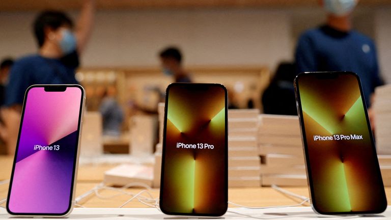 Apple&#39;s iPhone 13 models are pictured at an Apple Store in Beijing, China September 24, 2021.