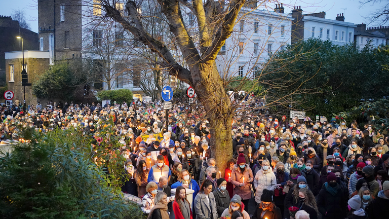 Crowds gather for a vigil outside the London Irish Centre in Camden in memory of Ashling Murphy