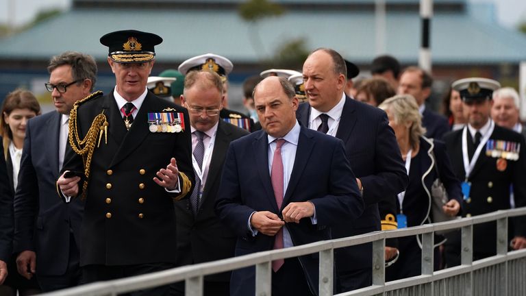 Defence Secretary Ben Wallace alongside Second Sea Lord Nick Hines outside The Venturer Building after a frigate steel cutting ceremony for the first of the class Type 31 frigate, at Babcock Rosyth, Fife. Picture date: Thursday September 23, 2021.