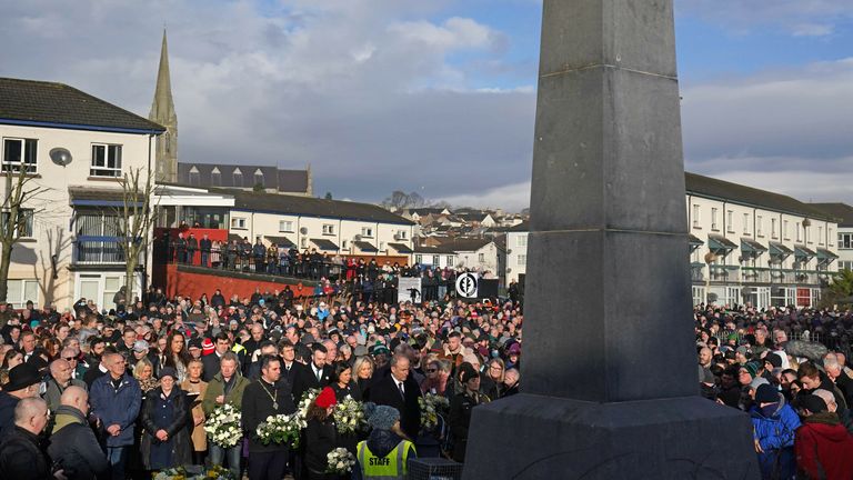 Crowds gather at the Bloody Sunday Memorial in Northern Ireland for a wreath laying service