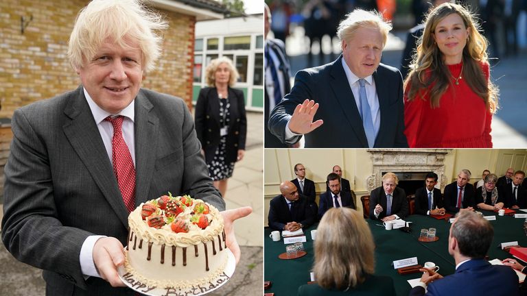 3way comp Boris Johnson Birthday
 Boris Johnson holds up his birthday cake as he visits Bovingdon Primary Academy - Boris Johnson and his wife Carrie Johnson arrive to attend the annual Conservative Party Conference, in Manchester, - Boris Johnson Cabinet room September 17, 2021.