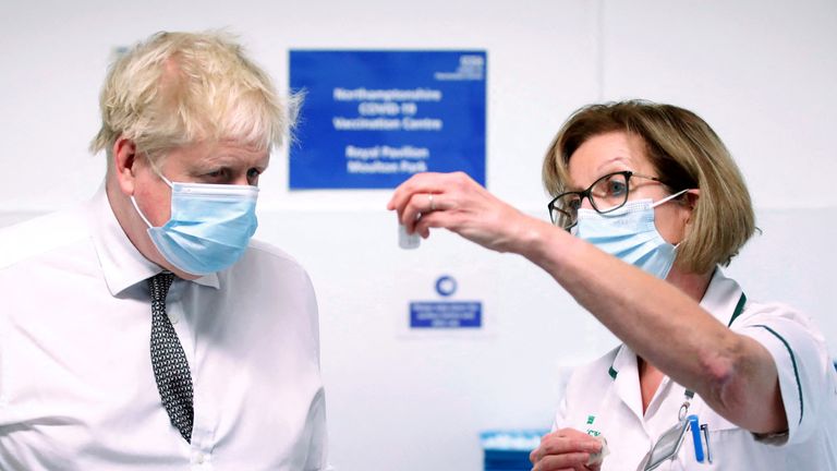Prime Minister Boris Johnson during a visit to a vaccination centre in Northamptonshire