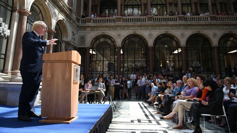 Foreign Secretary Boris Johnson addresses staff inside the Foreign Office in London, as Theresa May continues the process of appointing ministers to her new administration. PRESS ASSOCIATION Photo. Picture date: Thursday July 14, 2016. See PA story POLITICS Conservatives. Photo credit should read: Andrew Matthews/PA Wire