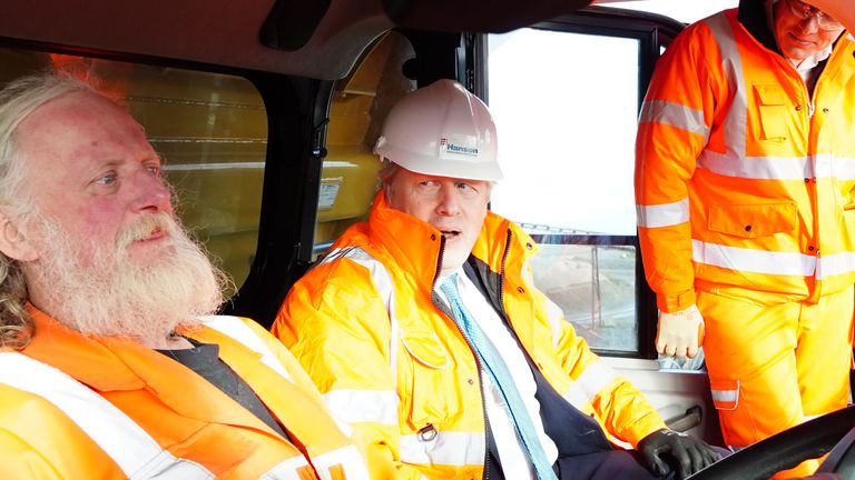 Prime Minister Boris Johnson during a visit to Hanson Aggregates in Penmaenmawr, North Wales. Picture date: Thursday January 27, 2022.
