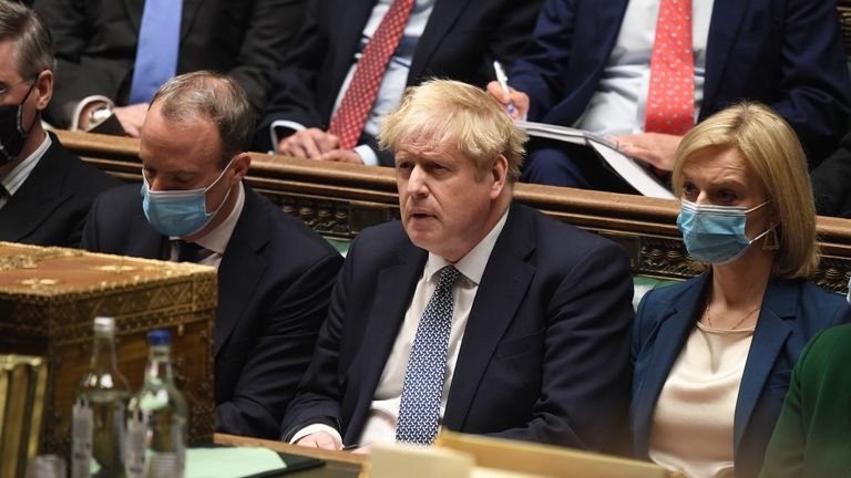  Handout photo issued by UK Parliament of Prime Minister Boris Johnson during Prime Minister&#39;s Questions in the House of Commons. Picture date: Wednesday January 12, 2022.
Pic:  UK Parliament/Jessica Taylor