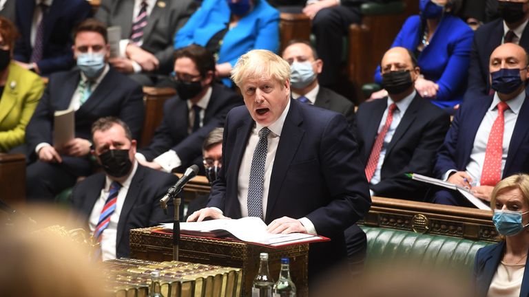  Handout photo issued by UK Parliament of Prime Minister Boris Johnson during Prime Minister&#39;s Questions in the House of Commons. Picture date: Wednesday January 12, 2022.
MANDATORY CREDIT: UK Parliament/Jessica Taylor