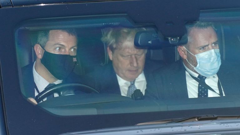 Prime Minister Boris Johnson (centre) leaves Houses of Parliament in Westminster, London, as public anger continues following the leak on Monday of an email from the Prime Minister&#39;s principal private secretary Martin Reynolds inviting 100 Downing Street staff to a "bring your own booze" party in the garden behind No 10 during England&#39;s first lockdown on May 20, 2020. Issue date: Wednesday January 12, 2022.