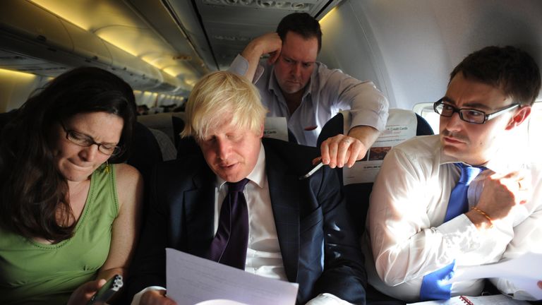 Mayor of London Boris Johnson flies to Mumbai in India from Hyderabad with his staff, Will Walden, Press Secretary (back) and Ben Gascoigne, Private Secretary (right) and Evening Standard reporter Pippa Crerar (left),where he met various business leaders.