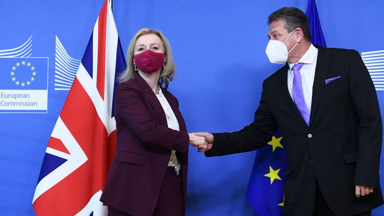 European Commissioner for Inter-institutional Relations and Foresight Maros Sefcovic, right, welcomes British Foreign Secretary Liz Truss prior to a meeting at EU headquarters in Brussels, Monday, Jan. 24, 2022. (John Thys, Pool Photo via AP)                  
PIC:AP                          
