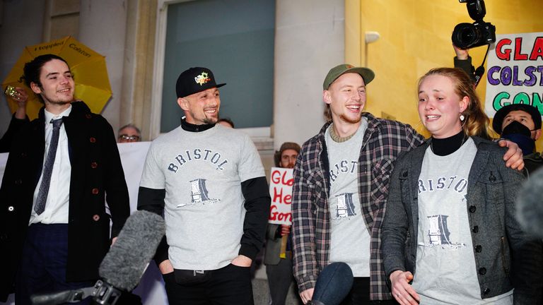 (left to right) Sage Willoughby, Jake Skuse, Milo Ponsford and Rhian Graham outside Bristol Crown Court. They have been cleared of criminal damage for pulling down a statue of slave trader Edward Colston during a Black Lives Matter protest in June 2020. Picture date: Wednesday January 5, 2022.

