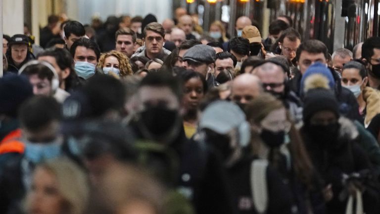 Commuters at Liverpool Street station, London, as Plan B measures are lifted in England. Face coverings will no longer be mandatory in any setting, and the NHS Covid Pass will no longer be compulsory for entry into nightclubs and other large venues. Picture date: Thursday January 27, 2022.
