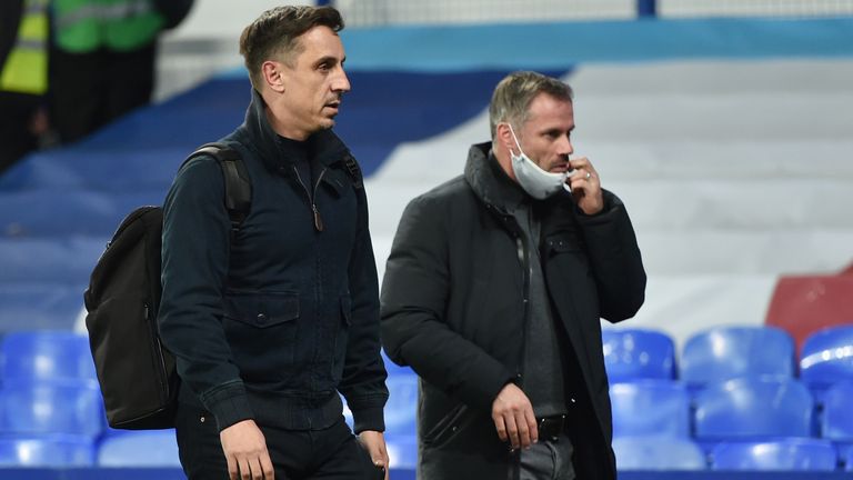 Soccer Football - Carabao Cup Second Round - Everton v Salford City - Goodison Park, Liverpool, Britain - September 16, 2020. Salford City city co owner Gary Neville and Jamie Carragher after the match. Pool via REUTERS/Peter Powell EDITORIAL USE ONLY. No use with unauthorized audio, video, data, fixture lists, club/league logos or &#39;live&#39; services. Online in-match use limited to 75 images, no video emulation. No use in betting, games or single club/league/player publications. Please contact your