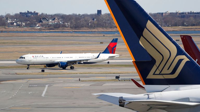 A Delta Airlines plane at John F Kennedy International Airport in New York Pic: AP 