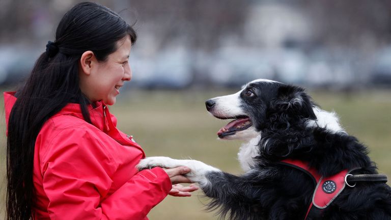 Postdoctoral researcher Laura V. Cuaya talks to her dog Kun-kun, an 8-year-old Border Collie, at the Ethology Department of the Eotvos Lorand University in Budapest, Hungary, January 5, 2022. Picture taken January 5, 2022. REUTERS/Bernadett Szabo