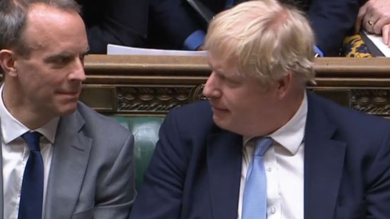 Justice Minister and Deputy Prime Minister Dominic Raab and Prime Minister Boris Johnson listens as SNP Westminster leader Ian Blackford responds to the Prime Minister's statement to MPs in the House of Commons on the Sue Gray report.  Picture date: Monday January 31, 2022.
