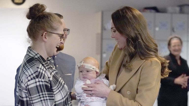 The Duchess of Cambridge meets Trudi and Alastair Barrie and their daughter Anastasia during a visit to charity, Church on the Street, in Burnley, Lancashire, where she met with volunteers and staff as well as a number of service users to hear about their experiences first-hand. Picture date: Thursday January 20, 2022.
