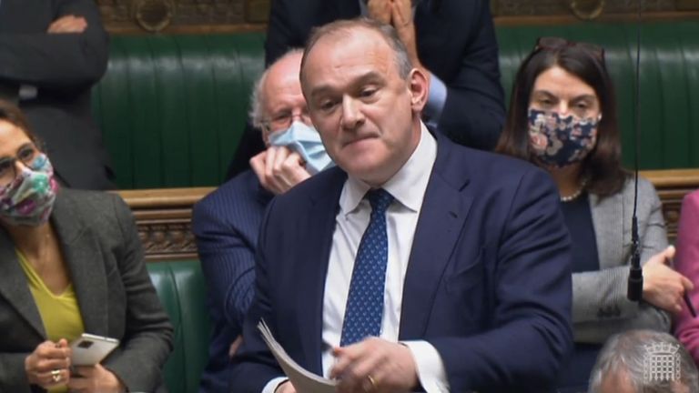Liberal Democrats&#39; leader Ed Davey speaking during Prime Minister&#39;s Questions in the House of Commons, London, she is standing in for Labour leader Sir Keir Starmer who has tested positive for Covid-19. Picture date: Wednesday January 5, 2022.

