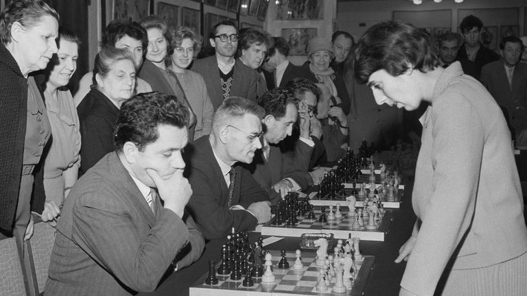 Moscow. USSR. first female Grandmaster Nona Gaprindashvili playing chess.
9 October 1962
