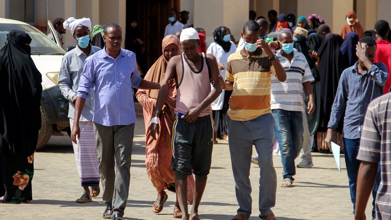 People injured in the blast arrive for treatment at the referral hospital in Mandera, in northeastern Kenya Monday, Jan. 31, 2022. A local official says at least 10 people are dead after their vehicle ran over an explosive device on a highway near Mandera on Monday morning. (AP Photo)
PIC:AP