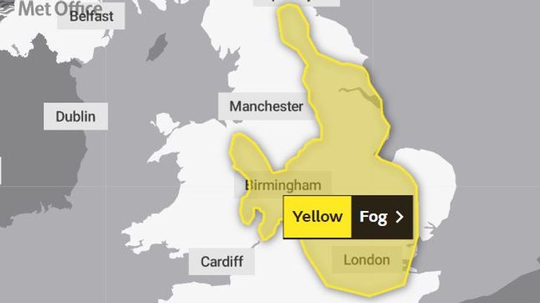 The yellow fog warning has been expanded to cover the South East. Pic: Met Office