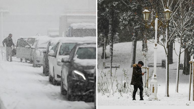 Euro weather comp

Left - A man prepares to put snow chains in his car, as vehicles are stuck in traffic in the Attiki Odos motorway, during heavy snowfall in Athens, Greece, January 24, 2022. REUTERS/Stelios Misinas

Right - A man walks along a park on a snowy day in Istanbul, Turkey, January 23, 2022. REUTERS/Umit Bektas