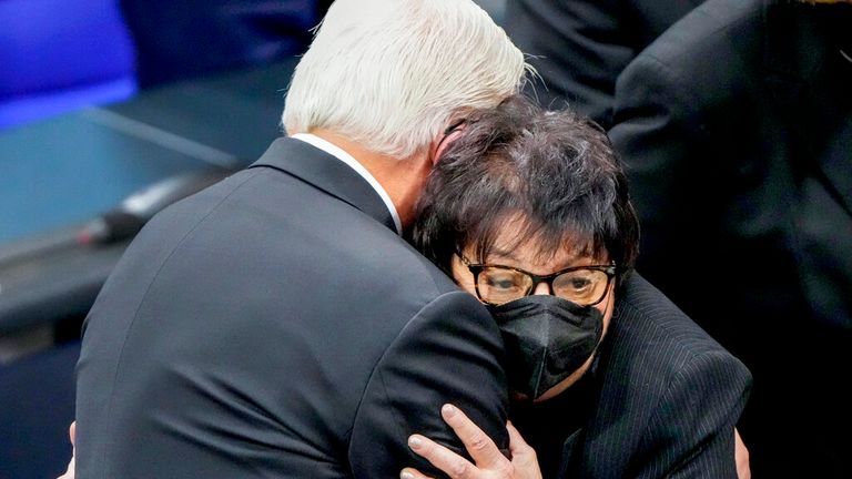 Inge Auerbacher pictured hugging German President Frank-Walter Steinmeier on International Holocaust Remembrance Day in the Bundestag in Berlin Pic: AP 