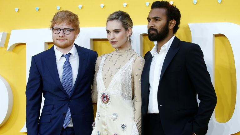 Les acteurs Ed Sheeran, Lily James et Himesh Patel assistent à la première britannique de "Hier" à Londres, Grande-Bretagne, le 18 juin 2019
