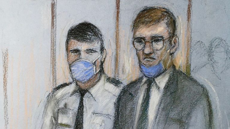 Court artist sketch by Elizabeth Cook of James Watson (right), appearing in the dock at the Old Bailey in London, charged with the murder of six-year-old Rikki Neave, who was found strangled in woodland 25 years ago, when the defendant was a boy of 13