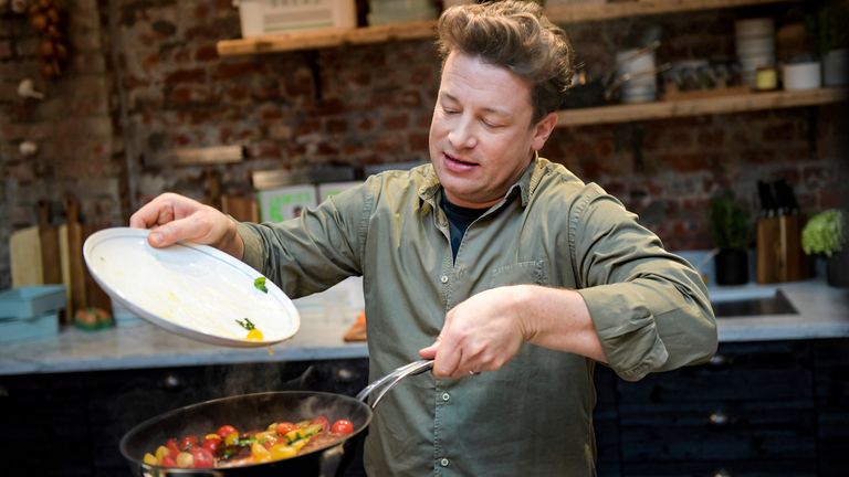 TV chef Jamie Oliver pictured at the One Kitchen Culinary School in Hamburg, Germany, in 2017. Pic: Axel Heimken/picture-alliance/dpa/AP Images