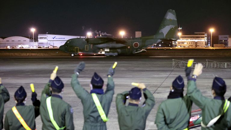 Japan Self-Defense Forces&#39;s C-130 Hercules, carrying relief supplies to be deployed to Tonga to help out the country devastated by a nearby eruption and tsunami, takes off at Komaki air base in Komaki, Japan, January 20, 2022, in this photo taken by Kyodo. Mandatory credit Kyodo/via REUTERS ATTENTION EDITORS - THIS IMAGE WAS PROVIDED BY A THIRD PARTY. MANDATORY CREDIT. JAPAN OUT. NO COMMERCIAL OR EDITORIAL SALES IN JAPAN.

