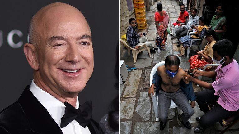Jeff Bezos and an alley at a slum area, in Ahmedabad, India. Pics: AP/Reuters