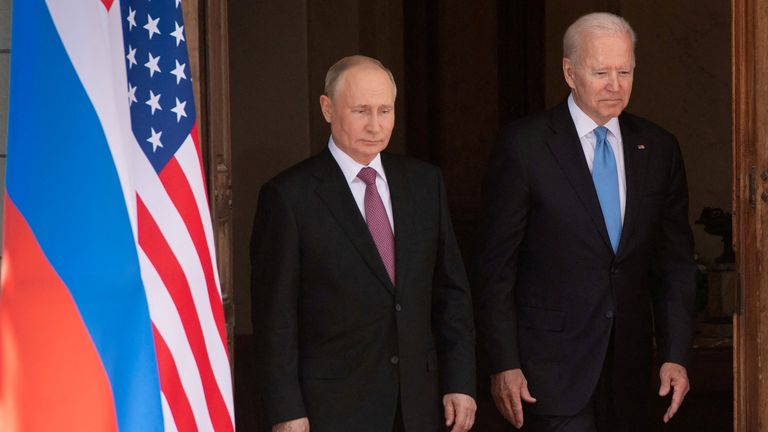 Joe Biden and Vladimir Putin at a US-Russia summit in Geneva, Switzerland in June 12021