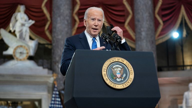 U.S. President Joe Biden gives remarks in the Statuary Hall of the U.S. Capitol during a ceremony on the first anniversary of the January 6, 2021 attack on the U.S. Capitol by supporters of former President Donald Trump in Washington, D.C., U.S., January 6, 2022. Greg Nash/Pool via REUTERS