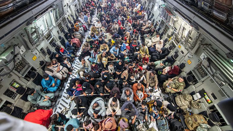 A full flight of 265 people supported by members of the UK Armed Forces on board an evacuation flight out of Kabul airport