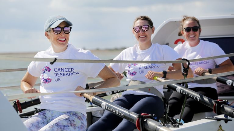 Handout photo issued by Cancer Research UK of British rowers (left to right) Kat Cordiner, Charlotte Irving and Abby Johnston, on their way to shatter the world record for rowing across the Atlantic. Cordiner, who has secondary ovarian cancer, and teammates Johnston and Irving, arrived in Antigua on Sunday evening. Issue date: Monday January 24, 2022.
