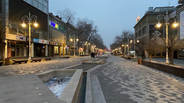 A largely deserted shopping street in Almaty, Kazakhstan