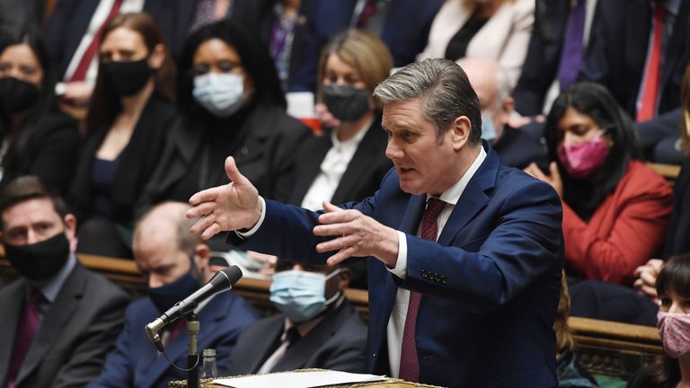  Handout photo issued by UK Parliament of Prime Minister questions Keir Starmer  during Prime Minister&#39;s Questions in the House of Commons. Picture date: Wednesday January 12, 2022.
Pic:  UK Parliament/Jessica Taylor