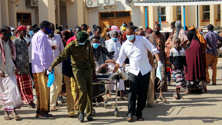 People injured in the blast arrive for treatment at the referral hospital in Mandera, in northeastern Kenya Monday, Jan. 31, 2022. A local official says at least 10 people are dead after their vehicle ran over an explosive device on a highway near Mandera on Monday morning. (AP Photo)
PIC:AP