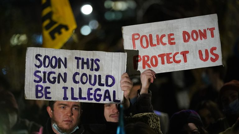 Demonstrators take part in a &#39;Kill The Bill&#39; protest against The Police, Crime, Sentencing and Courts Bill, on College Green, Westminster, as the bill is considered in the House of Lords. Picture date: Monday January 17, 2022.

