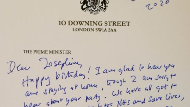 A letter sent by Boris Johnson to Josephine Booth, 7, after she cancelled her birthday party in May 2020 due to lockdown