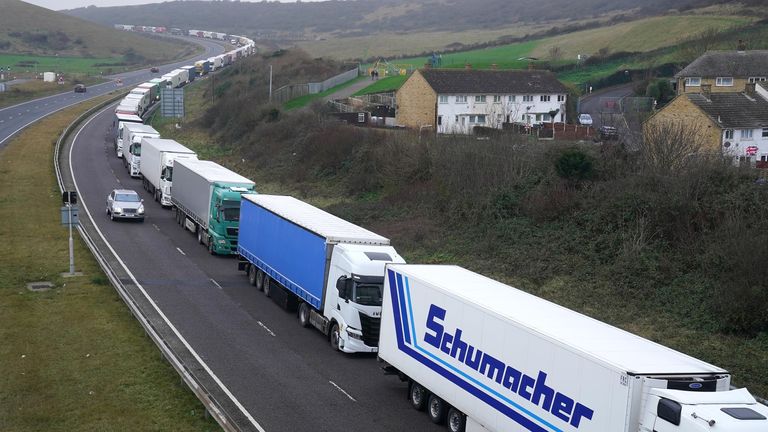 Lorries queue on the A20 for the Port of Dover in Kent, where delays are being caused to the transportation of goods across the channel after exports between Great Britain and the EU became subject to full customs controls on January 1. Picture date: Tuesday January 11, 2022.