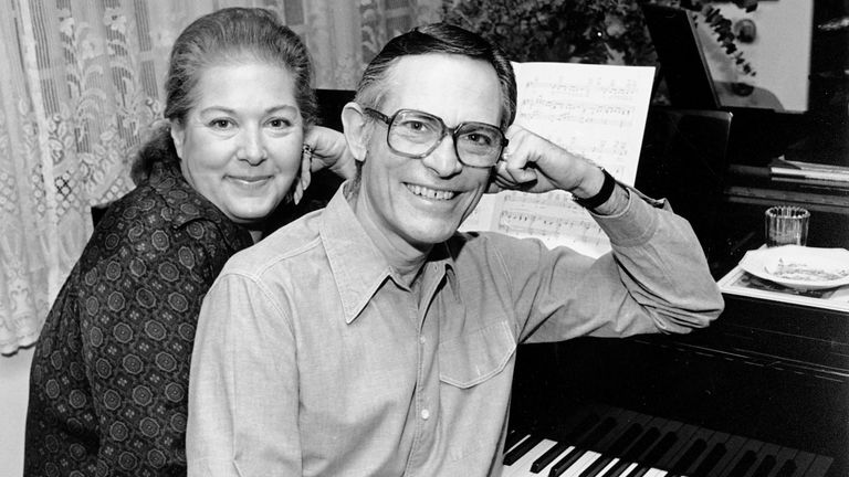 Marilyn and Alan Bergman pose for the piano at their home in Beverly Hills on March 17, 1980. Photo: AP