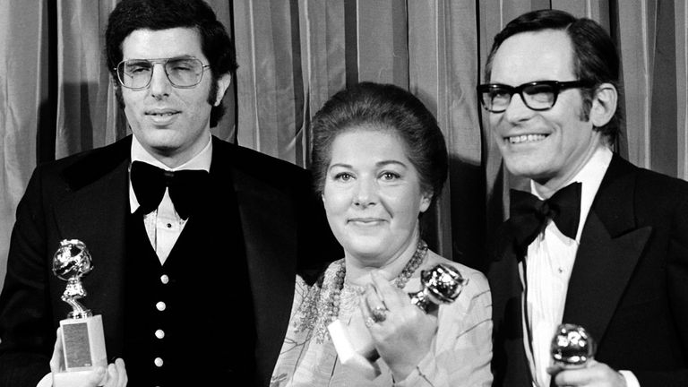 Composer Marvin Hamlisch, left, joins Marilyn Bergman and Alan Bergman at the Golden Globe Awards ceremony after they won for best song, "The Way We Were," in 1974. Pic: AP