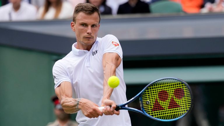 Hungarian Marton Fucsovics will play a comeback against Serbian Novak Djokovic in the men's singles quarter-final match on Day 9 of the Wimbledon tennis championships in London on Wednesday July 7, 2021 (AP Photo / Kirsty Wigglesworth)