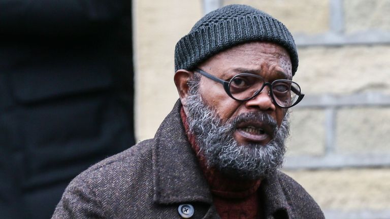 Samuel L Jackson appearing on set in Halifax. Pic: Adam Vaughan/LNP/Shutterstock