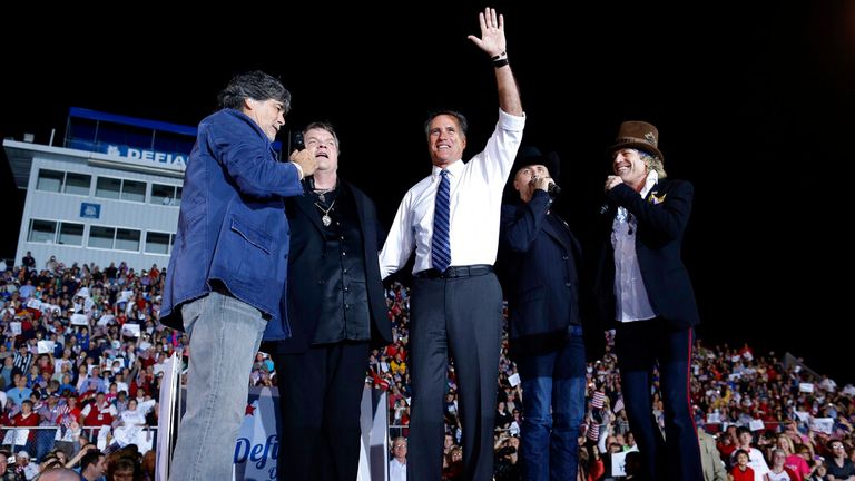2012: Meat Loaf backed Mitt Romney for president - he performed America The Brave with him on the campaign trail. Pic: AP