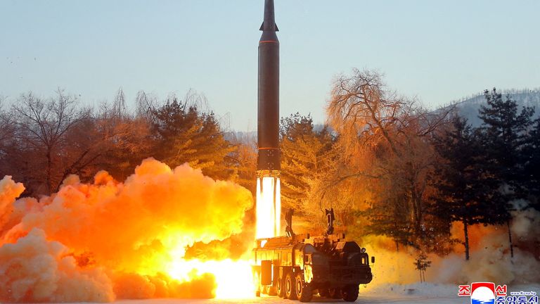 A view of what state news agency KCNA reports is the test firing of a hypersonic missile at an undisclosed location