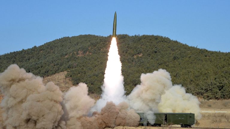 A railway-born missile is launched during firing drills according to state media, at an undisclosed location in North Korea, in this photo released January 14, 2022 by North Korea&#39;s Korean Central News Agency (KCNA)