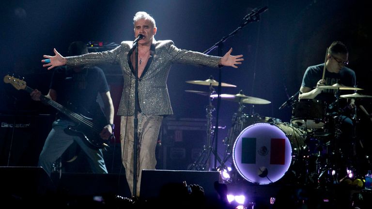 British rock singer Morrissey, the former front man of the alternative rock group The Smiths, sings during his concert  in Mexico City, Friday, March 31, 2017.   (AP Photo/Eduardo Verdugo)                                                           