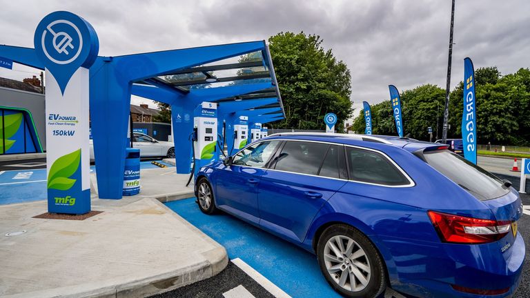 The Motor Fuel Group (MFG) first electric vehicle (EV) only forecourt and valeting centre dedicated solely to ultra-rapid chargers in the North-West of England at its Stretford branch on the Chester Road, Manchester. Picture date: Tuesday August 31, 2021.